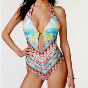 BAR III Halter geometric one piece swim.